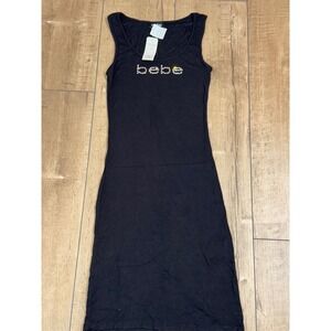 Bebe‎ Women's Black Ribbed Knit Dress Swarovski Crystal Logo Mini Dress Size S